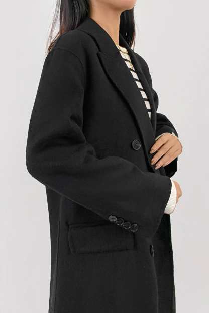 Black Premium Wool Double-Breasted Longline Coat