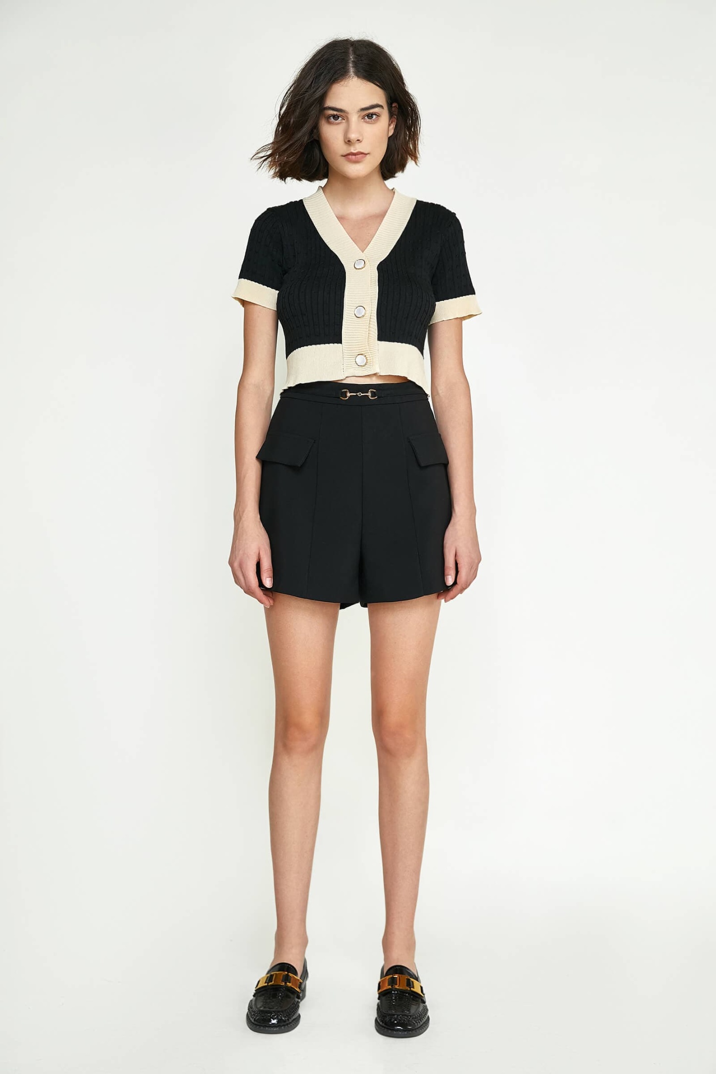 Black Contrast Trim Button-Up Cable Knit Cropped Cardigan