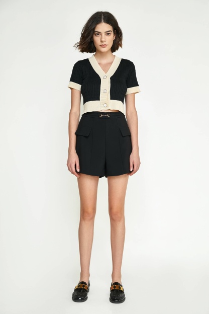 Black Contrast Trim Button-Up Cable Knit Cropped Cardigan