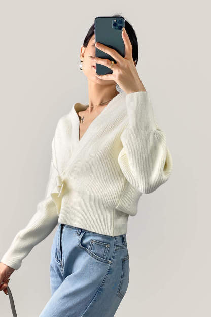 Ivory Ribbed Knit Wrap Tie Side Cardigan