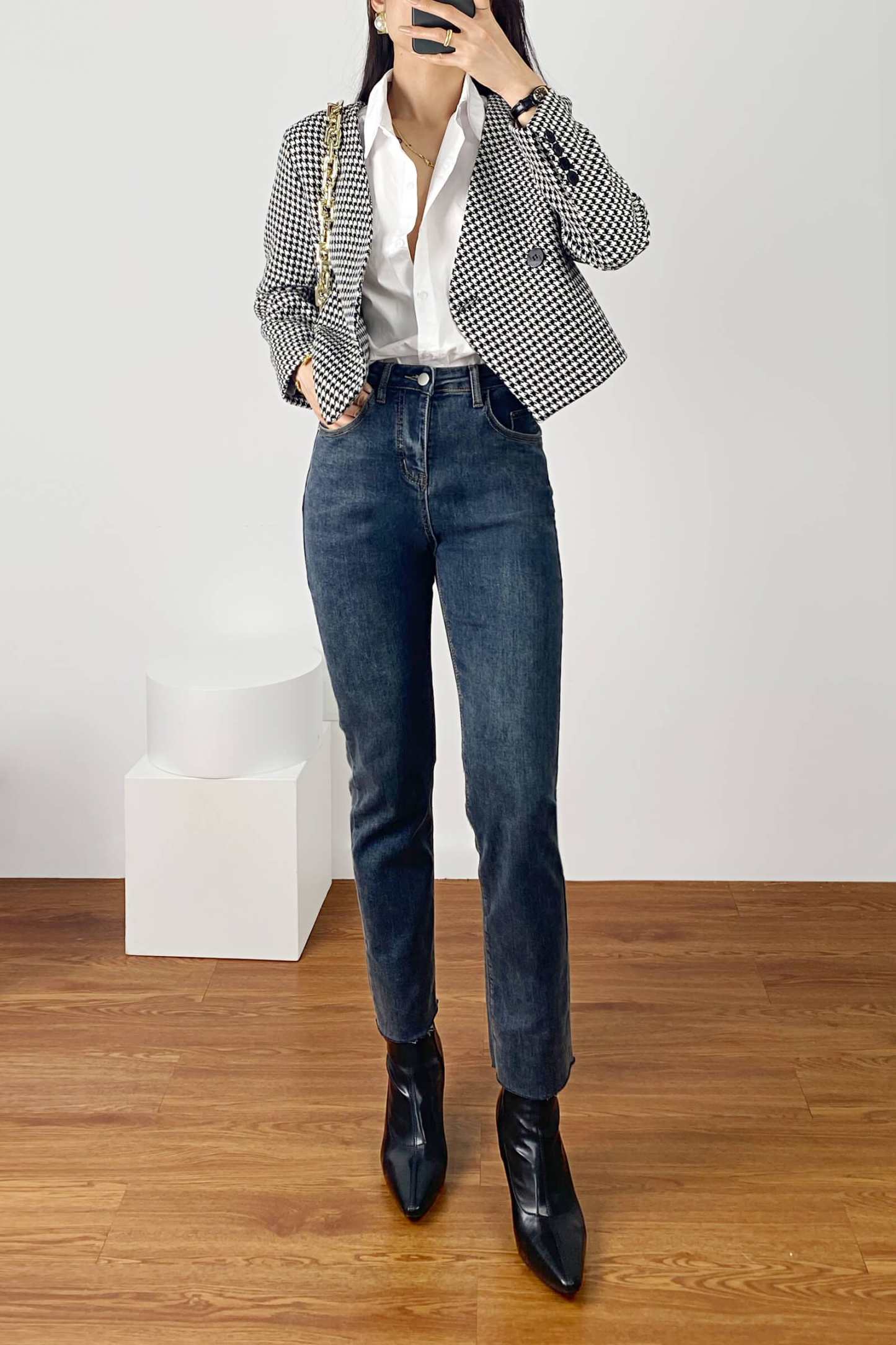 Black Houndstooth V-Neck Double-Breasted Jacket