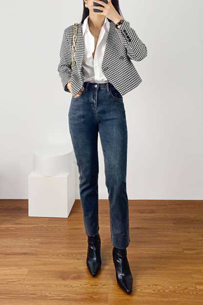 Black Houndstooth V-Neck Double-Breasted Jacket