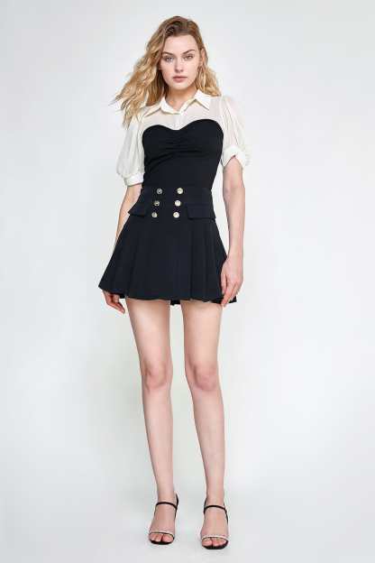 Black Contrast Mesh Puff Sleeve Polo Collar Blouse