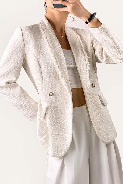 White Shawl Collar Double-Breasted Tweed Blazer