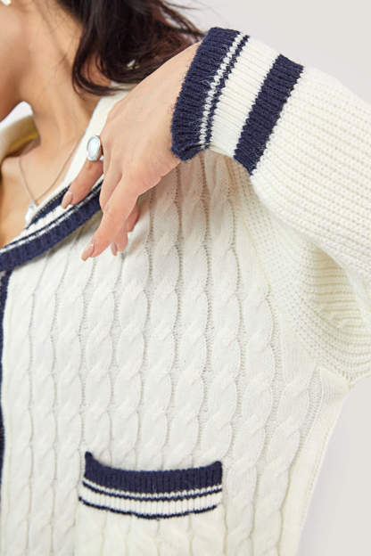 Ivory Sailor Collar Striped Trim Ribbed  Cardigan