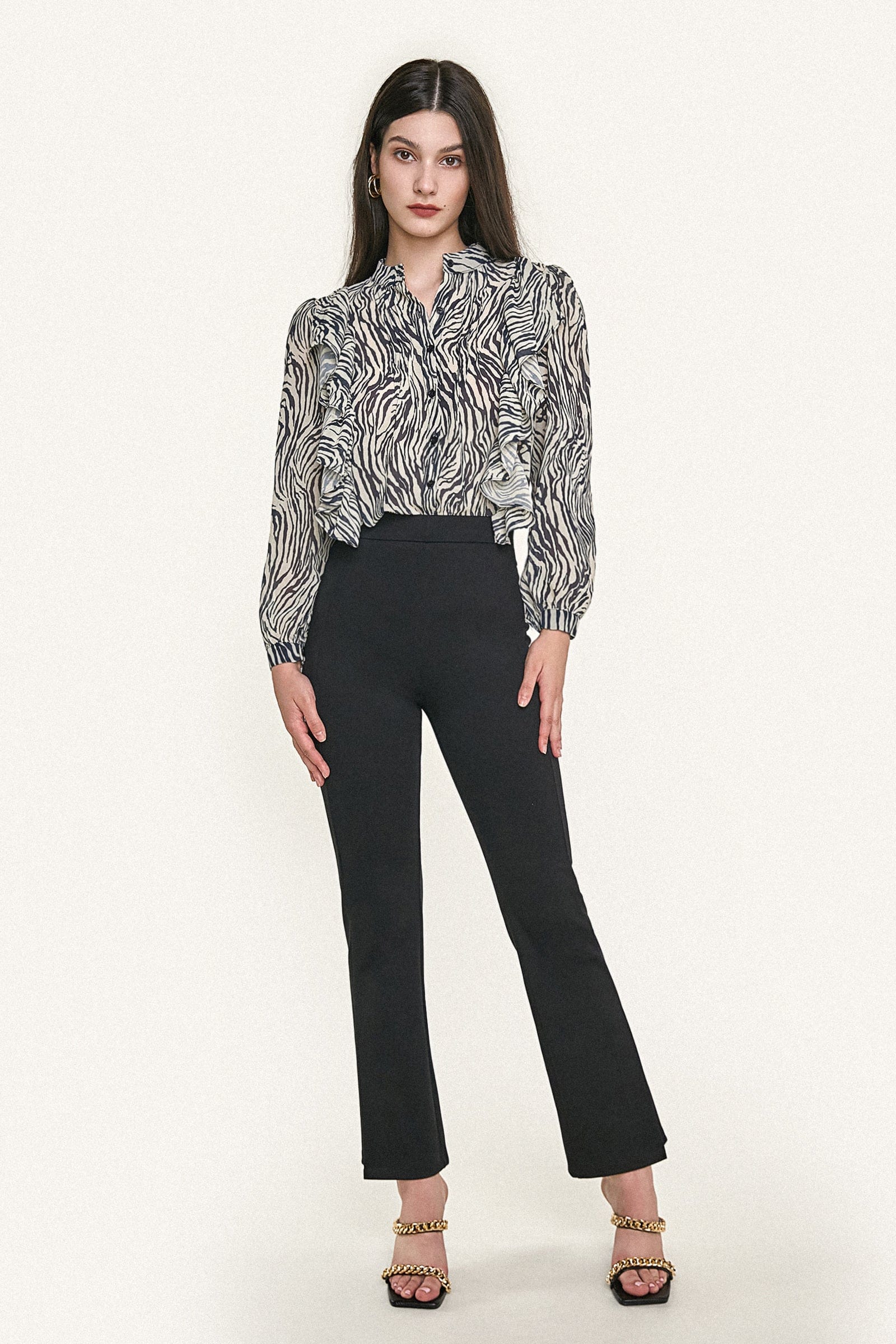 Black Zebra Print Ruffle Trim Button-Up Chiffon Work Shirt