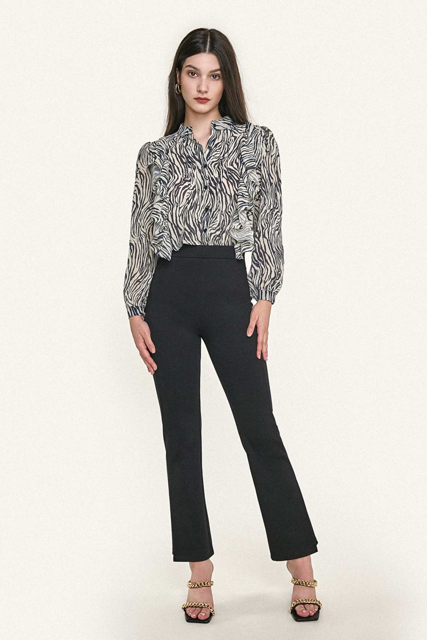 Black Zebra Print Ruffle Trim Button-Up Chiffon Work Shirt