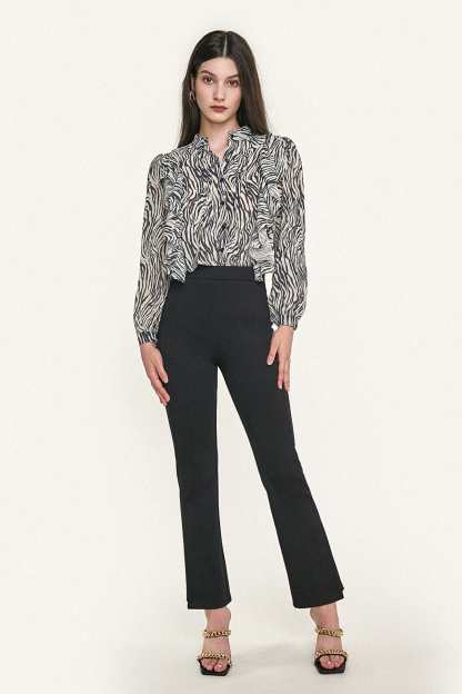 Black Zebra Print Ruffle Trim Button-Up Chiffon Work Shirt
