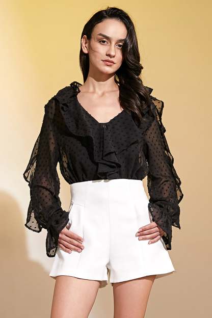 Black Swiss Dot Ruffle Blouse
