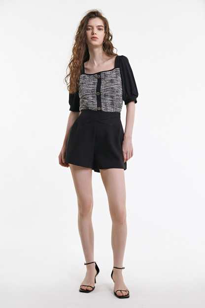 Black Tweed Square Neck Button Detail Puff Sleeve Blouse