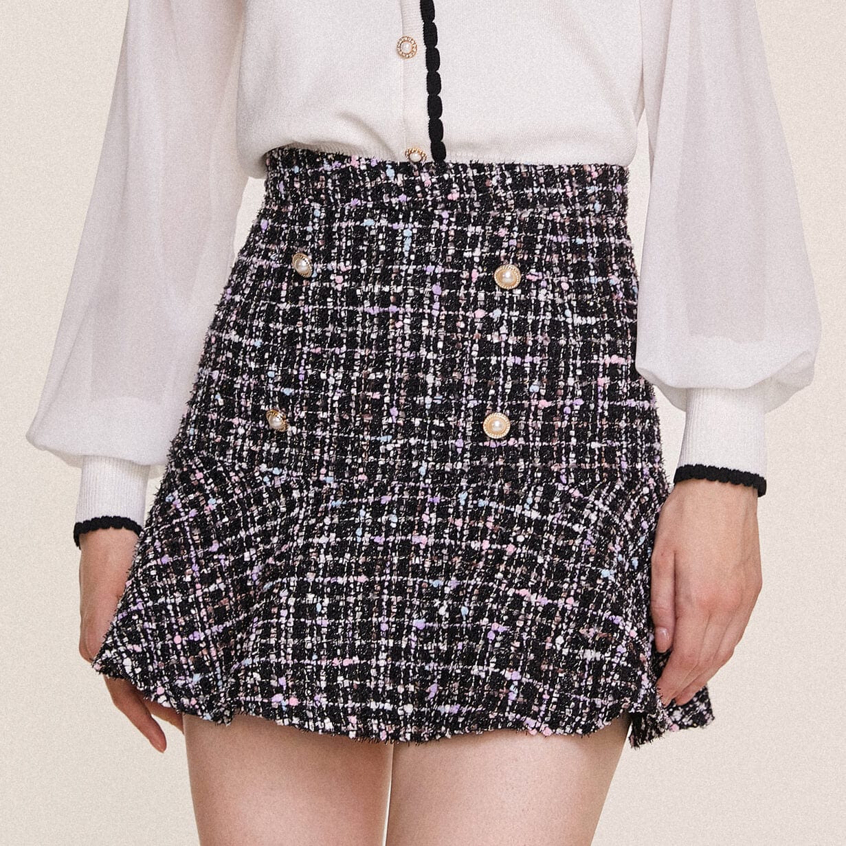 Black Flounce Hem Tweed Mini Skirt