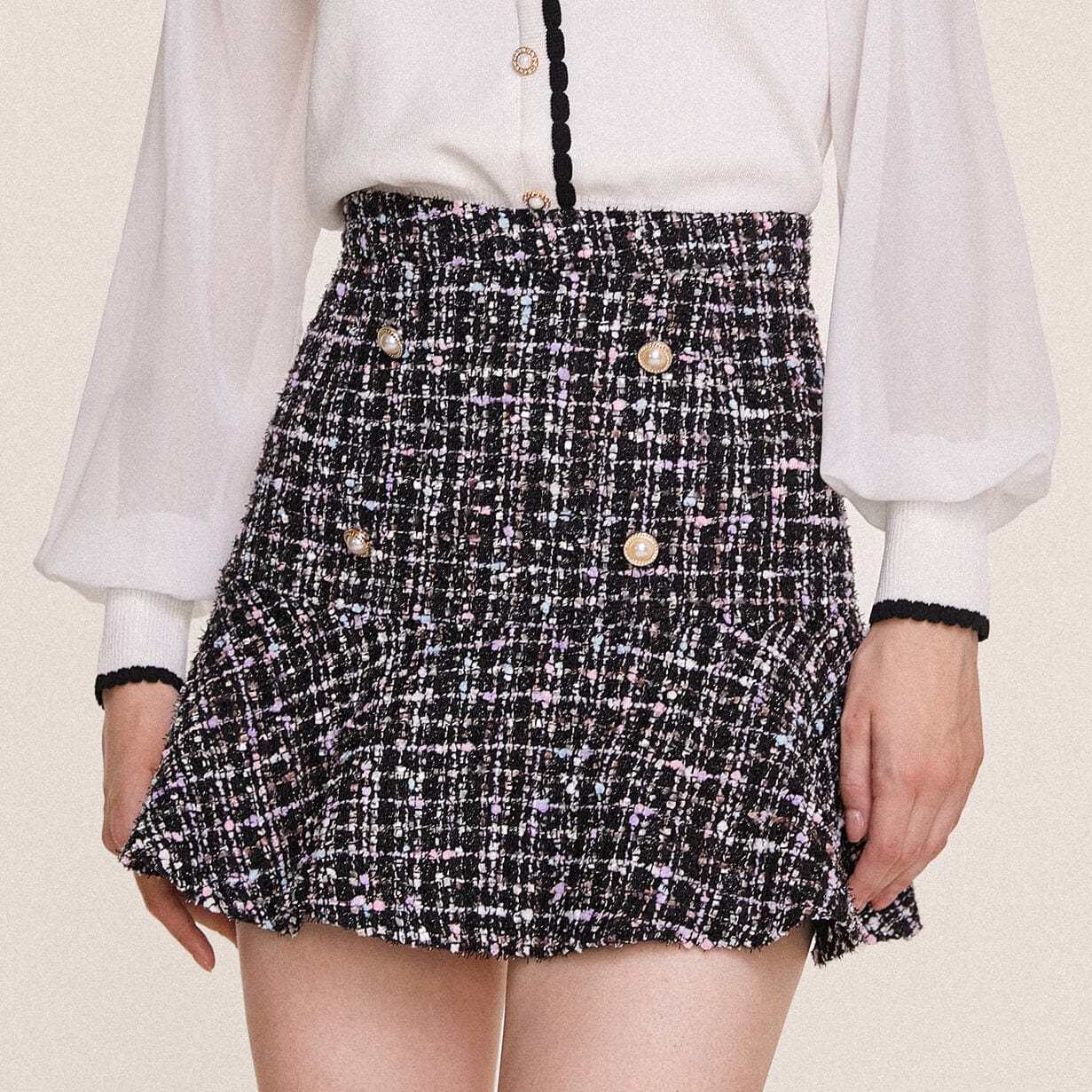 Black Flounce Hem Tweed Mini Skirt