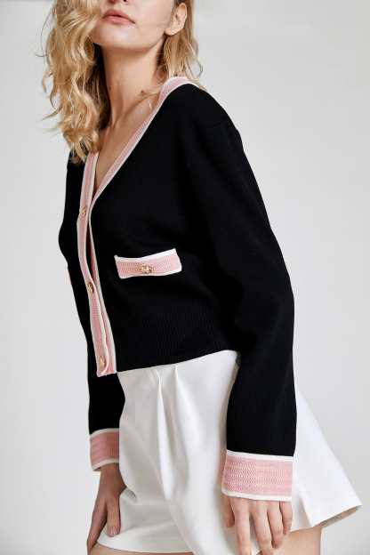 Black Contrast Trim Button Front Cardigan