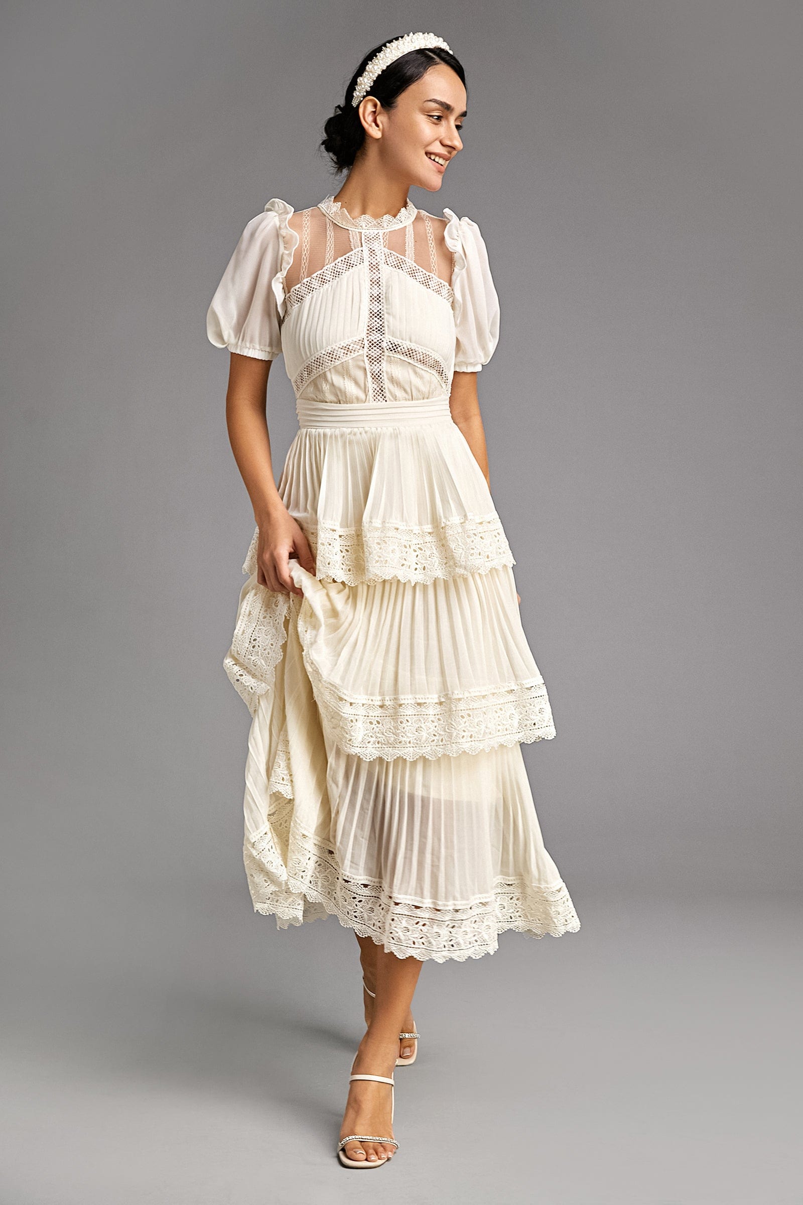 Beige Mesh Lace Trim Pleated Tiered Maxi Dress