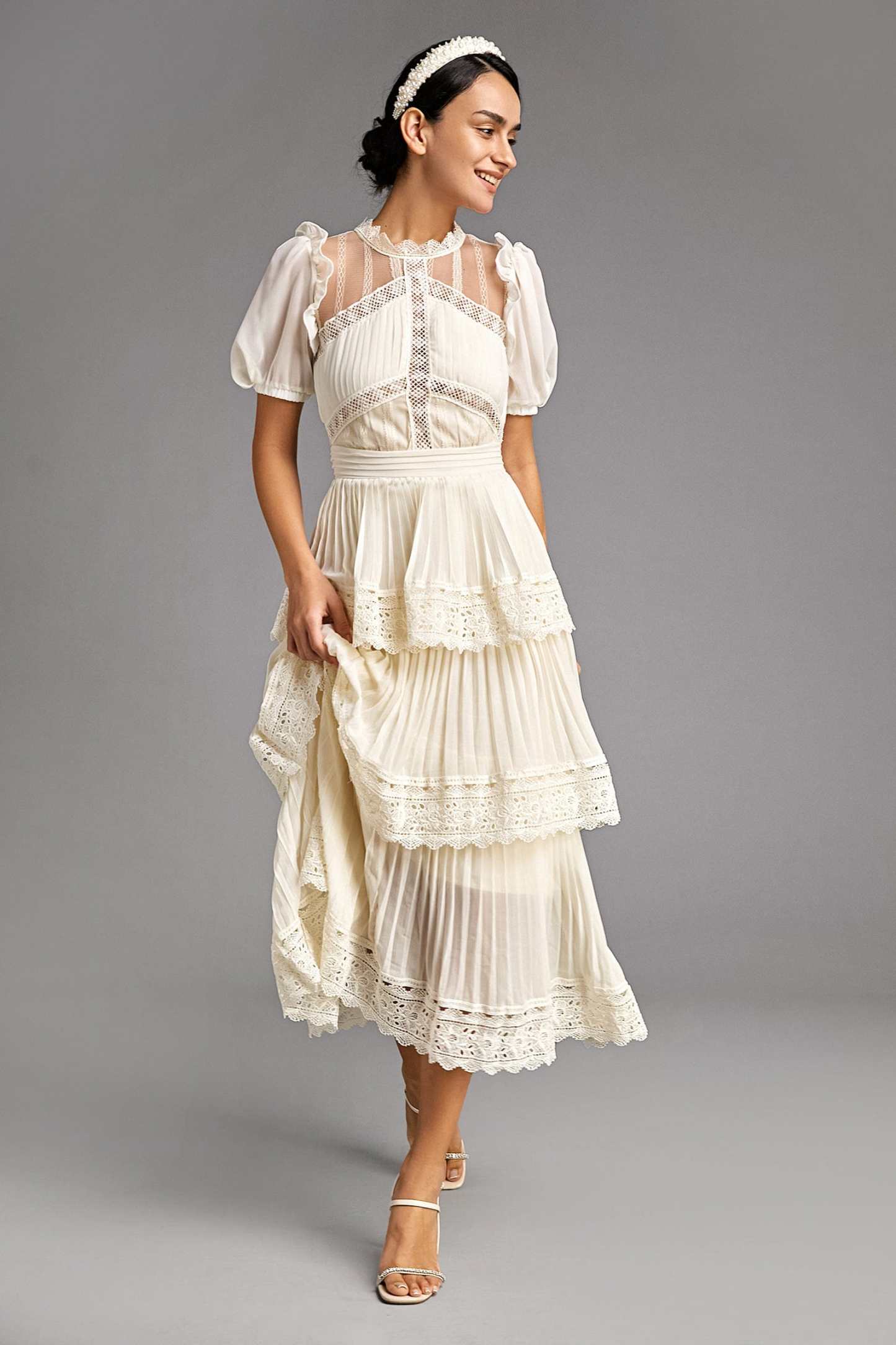 Beige Mesh Lace Trim Pleated Tiered Maxi Dress