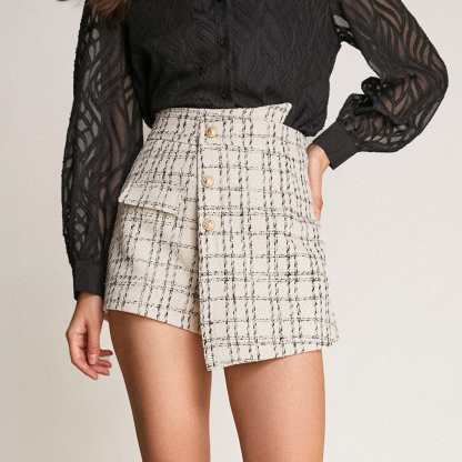 Ivory Tweed High Rise Button Detail Asymmetric Shorts