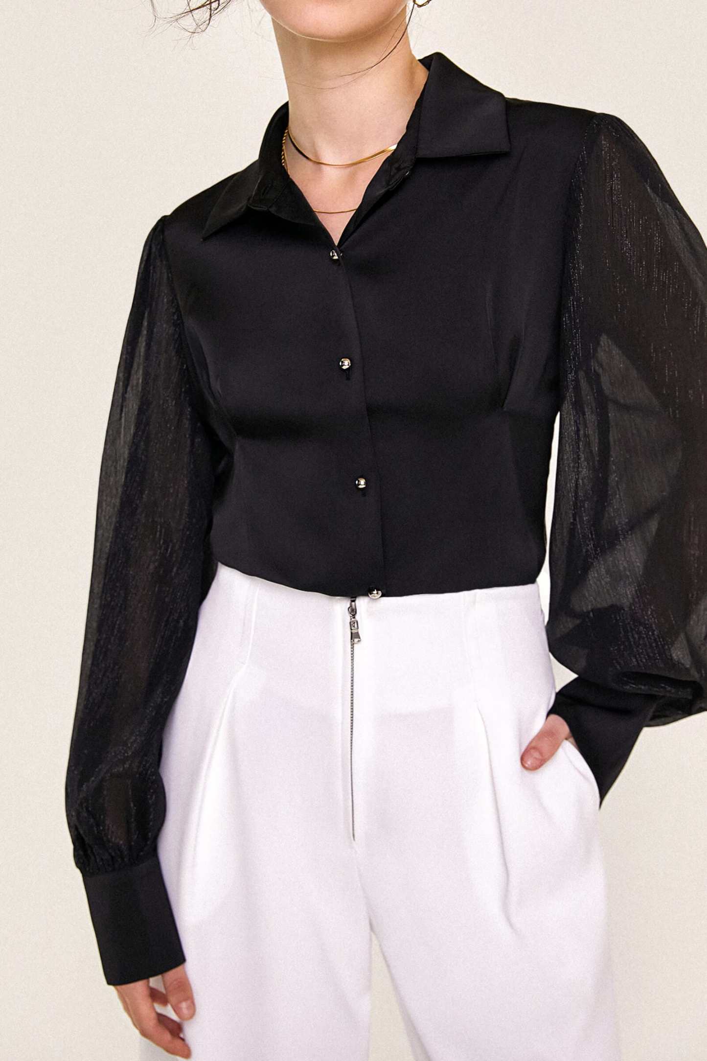 Black Button-Up Balloon Sleeve Satin Shirt