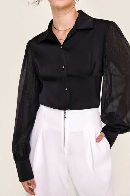 Black Button-Up Balloon Sleeve Satin Shirt