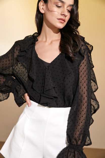 Black Swiss Dot Ruffle Blouse