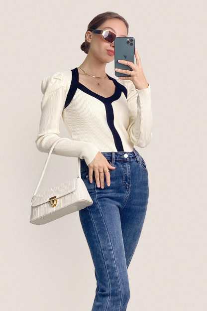 Ivory Ribbed Contrast Trim Sweater