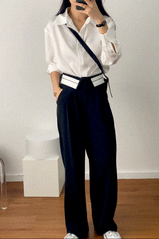 Black Contrast Foldover Waist Wide Leg Pants
