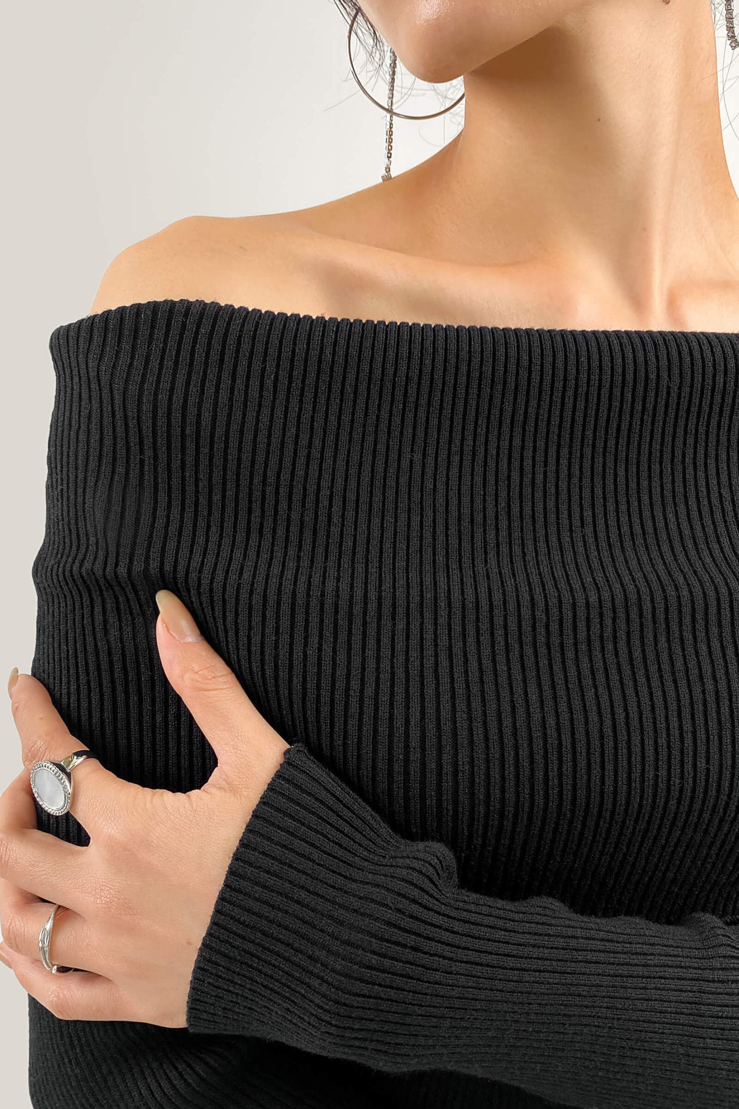 Black Off-the-Shoulder Ribbed Knit Sweater