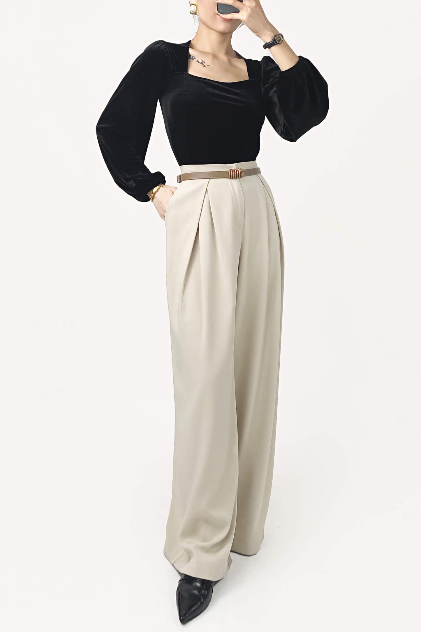 Black Velvet Balloon Sleeve Square Neck Blouse