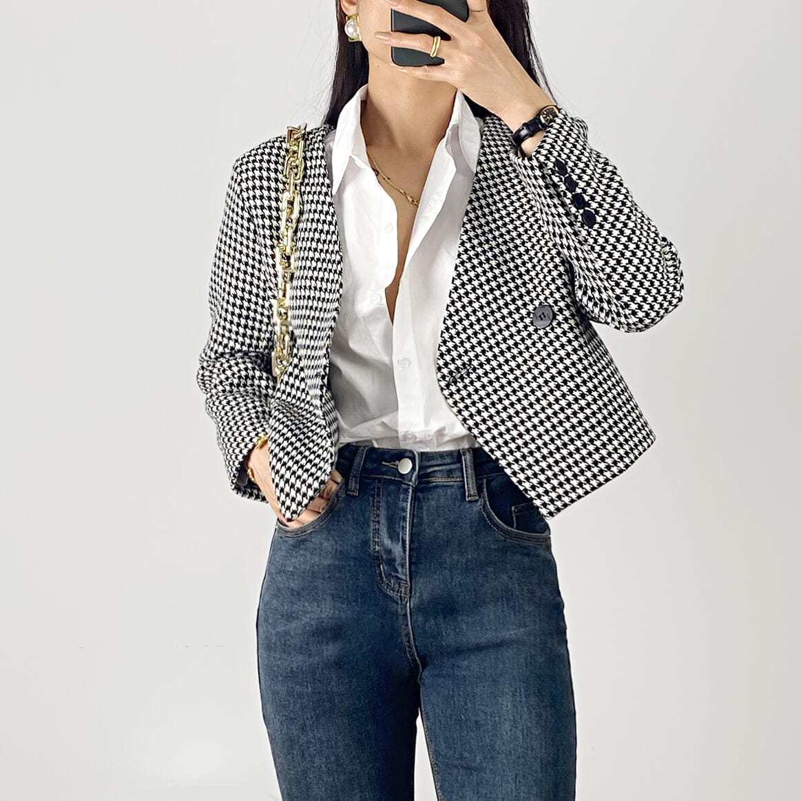 Black Houndstooth V-Neck Double-Breasted Jacket