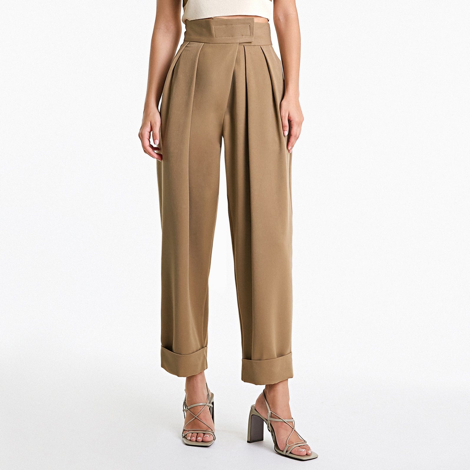 Burly Wood Hook And Loop Pleat Front Turn-Up Hem Suit Pants