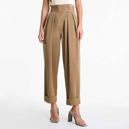 Burly Wood Hook And Loop Pleat Front Turn-Up Hem Suit Pants