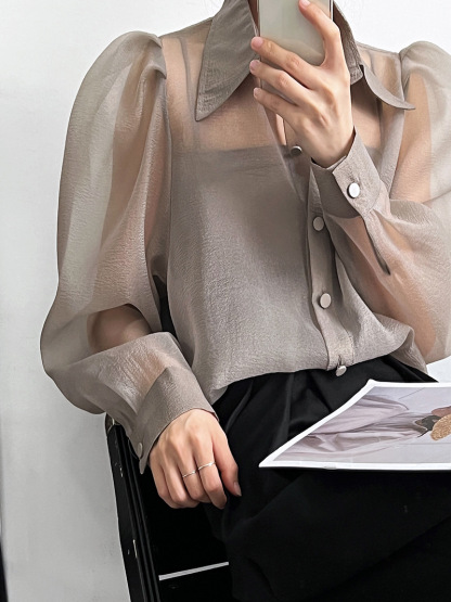 Puff Sleeve Long Sleeve Shirt Grey