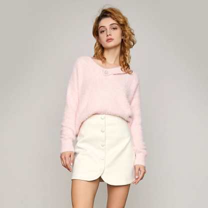 Myrtle Light Pink Fluffy Rhinestone Decor Sweater