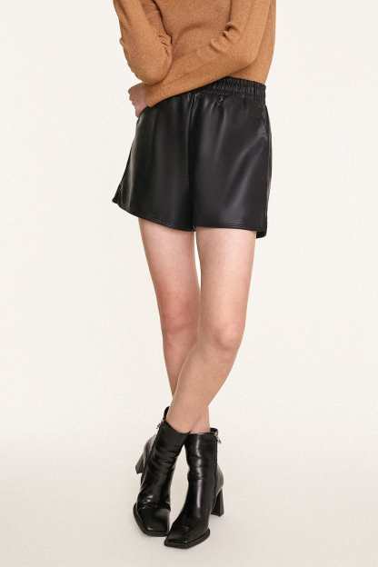 Black Elastic Waist Vegan Leather Shorts