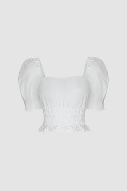 White Ruched Drawstring Smocked Cropped Blouse