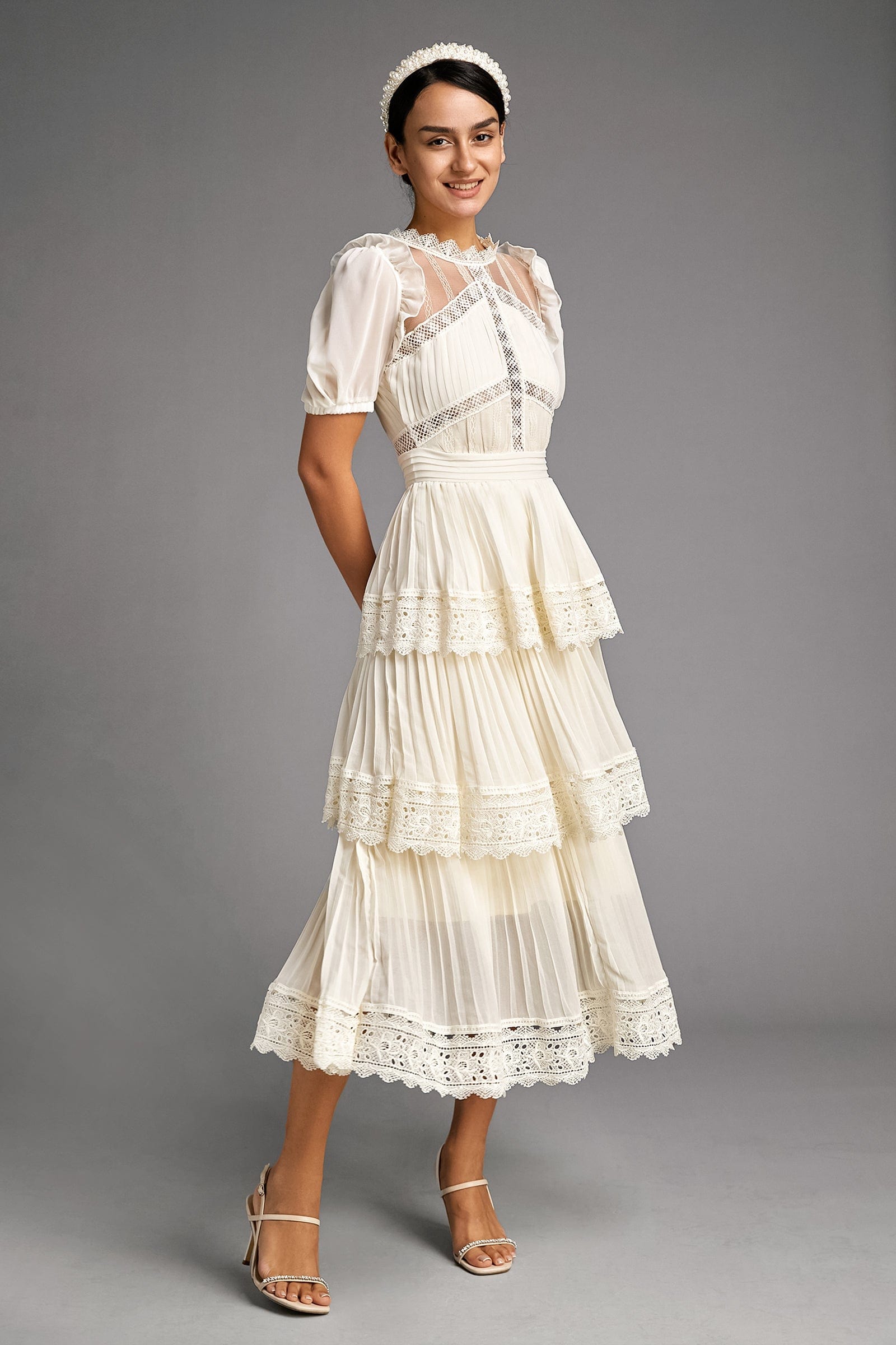 Beige Mesh Lace Trim Pleated Tiered Maxi Dress
