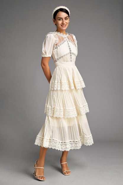 Beige Mesh Lace Trim Pleated Tiered Maxi Dress