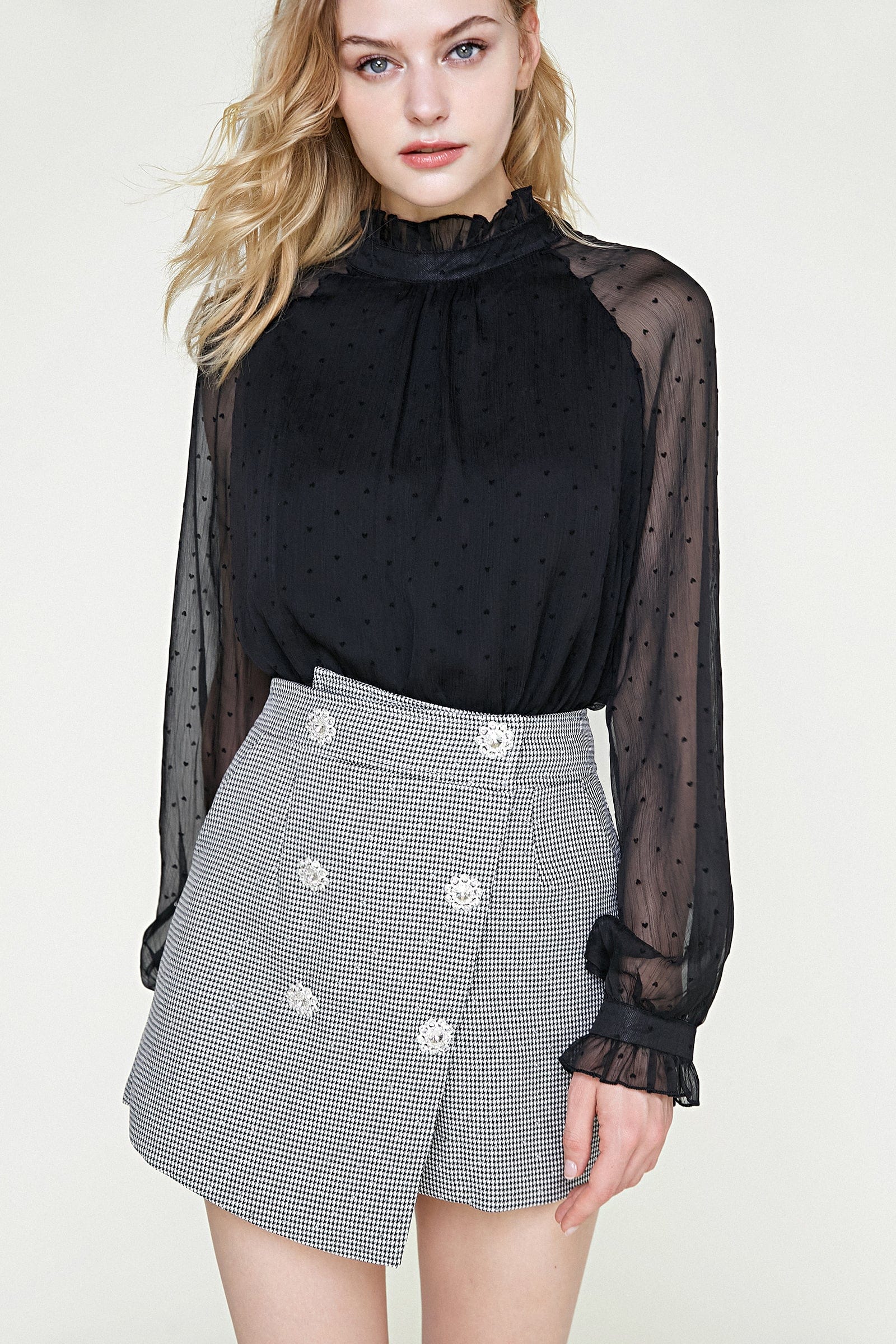 Black Polka Dot Mesh High Neck Blouse