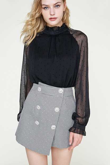 Black Polka Dot Mesh High Neck Blouse