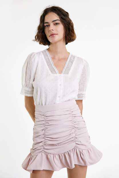 White Crochet Lace Trim V-Neck Button-Up Blouse
