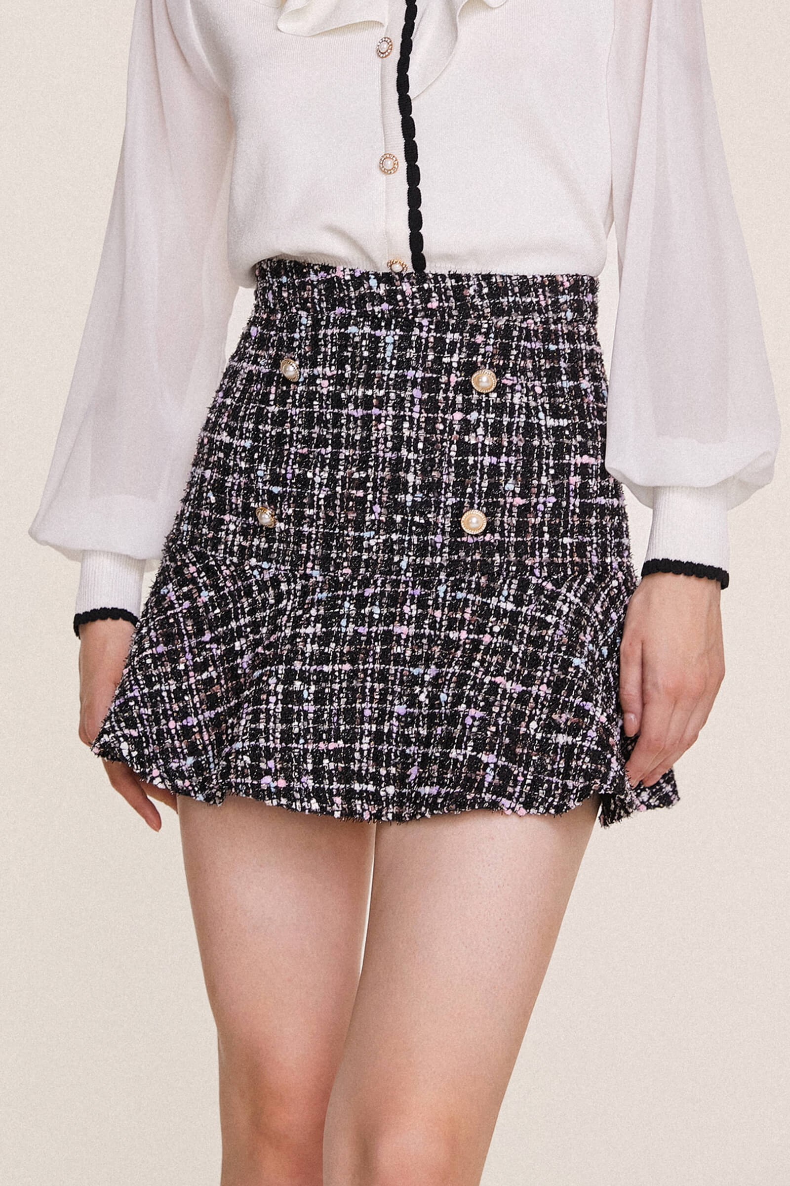 Black Flounce Hem Tweed Mini Skirt