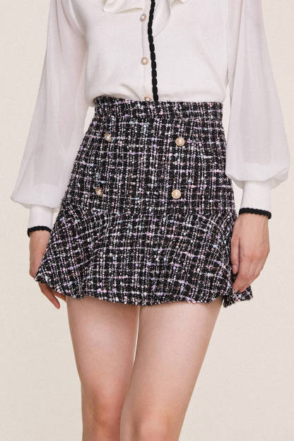 Black Flounce Hem Tweed Mini Skirt