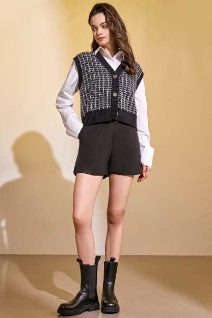 Black Knit Plaid V-Neck Sweater Vest