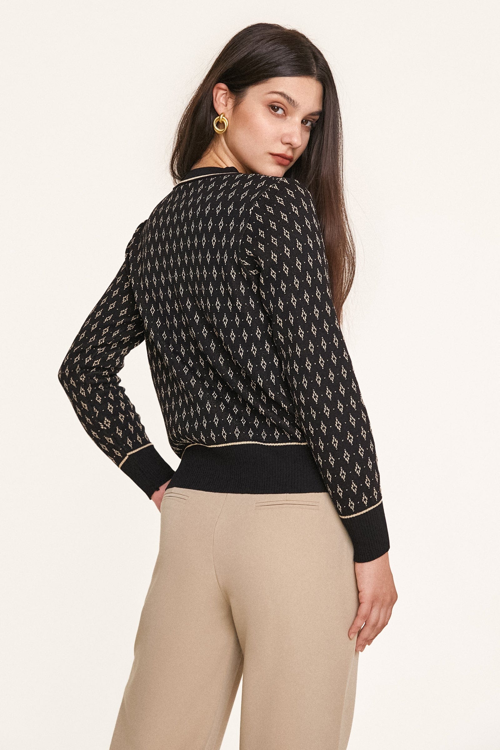 Black Jacquard-Knit V-Neck Button-Up Cardigan