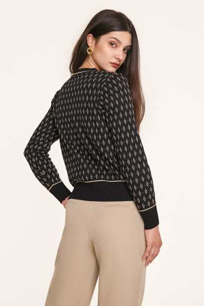 Black Jacquard-Knit V-Neck Button-Up Cardigan
