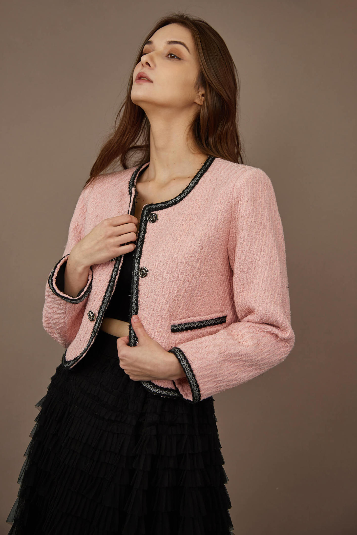 Pink Contrast Trim Tweed Jacket
