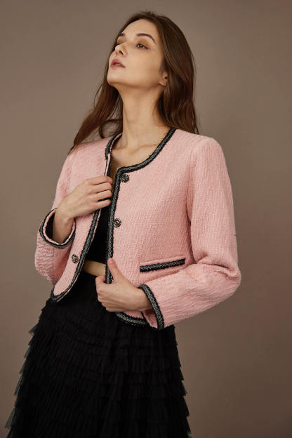 Pink Contrast Trim Tweed Jacket