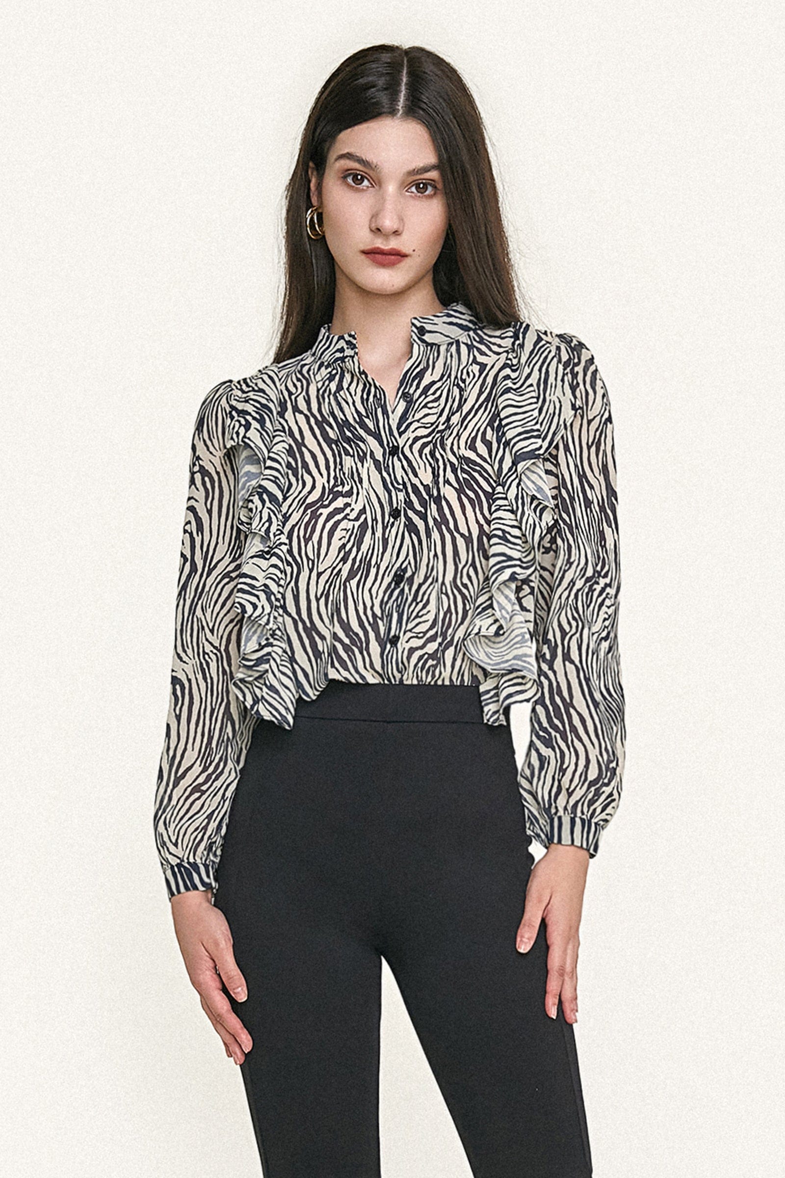 Black Zebra Print Ruffle Trim Button-Up Chiffon Work Shirt