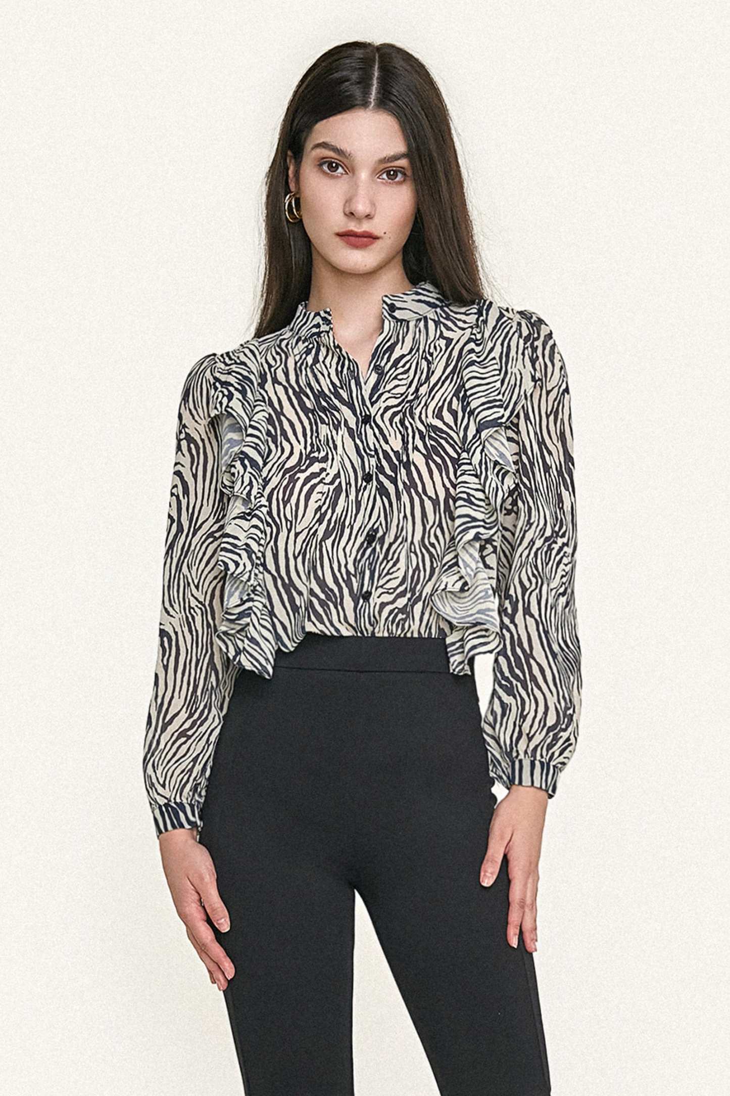 Black Zebra Print Ruffle Trim Button-Up Chiffon Work Shirt