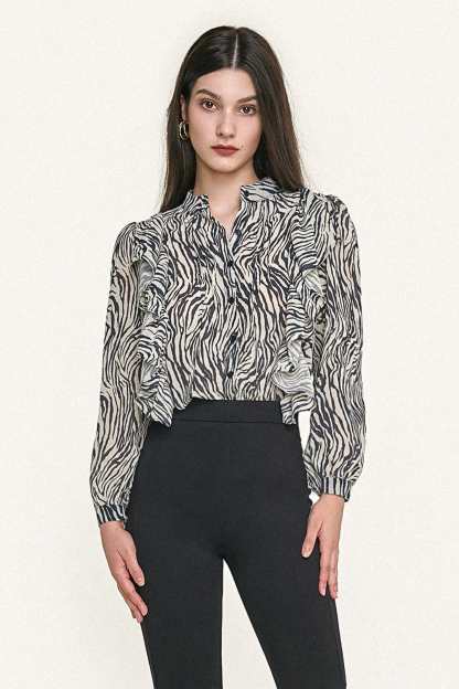 Black Zebra Print Ruffle Trim Button-Up Chiffon Work Shirt