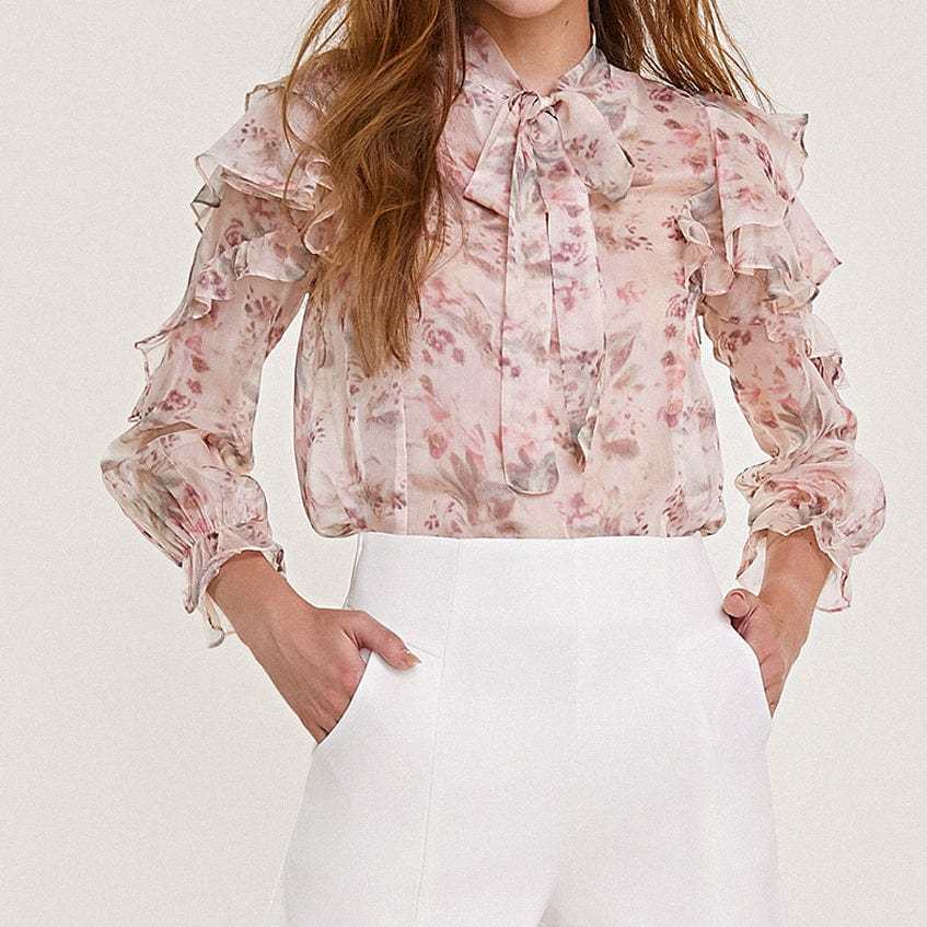 Pink Floral Print Tie Neck Ruffled Chiffon Blouse